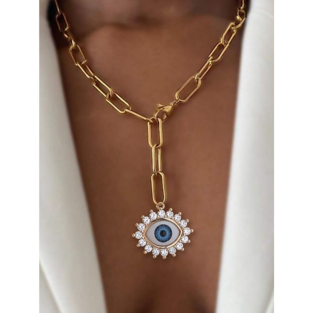 Gold Chain Necklace with Blue Evil Eye Pendant R 383